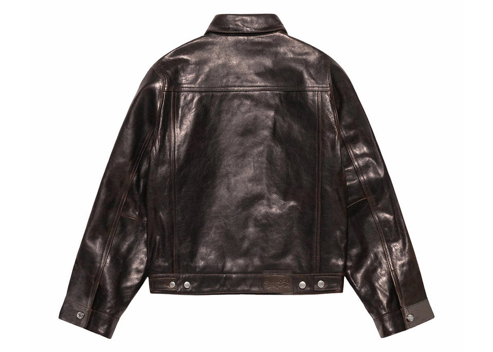 Stussy Trucker Leather Jacket Dark Brown
