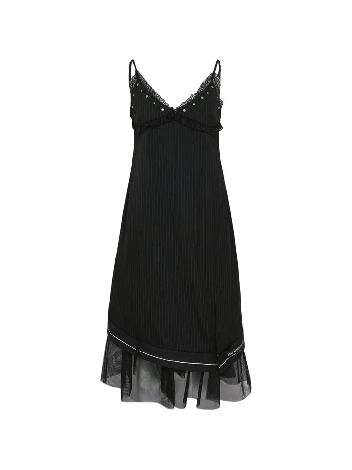 lace-detail pinstripe midi dress