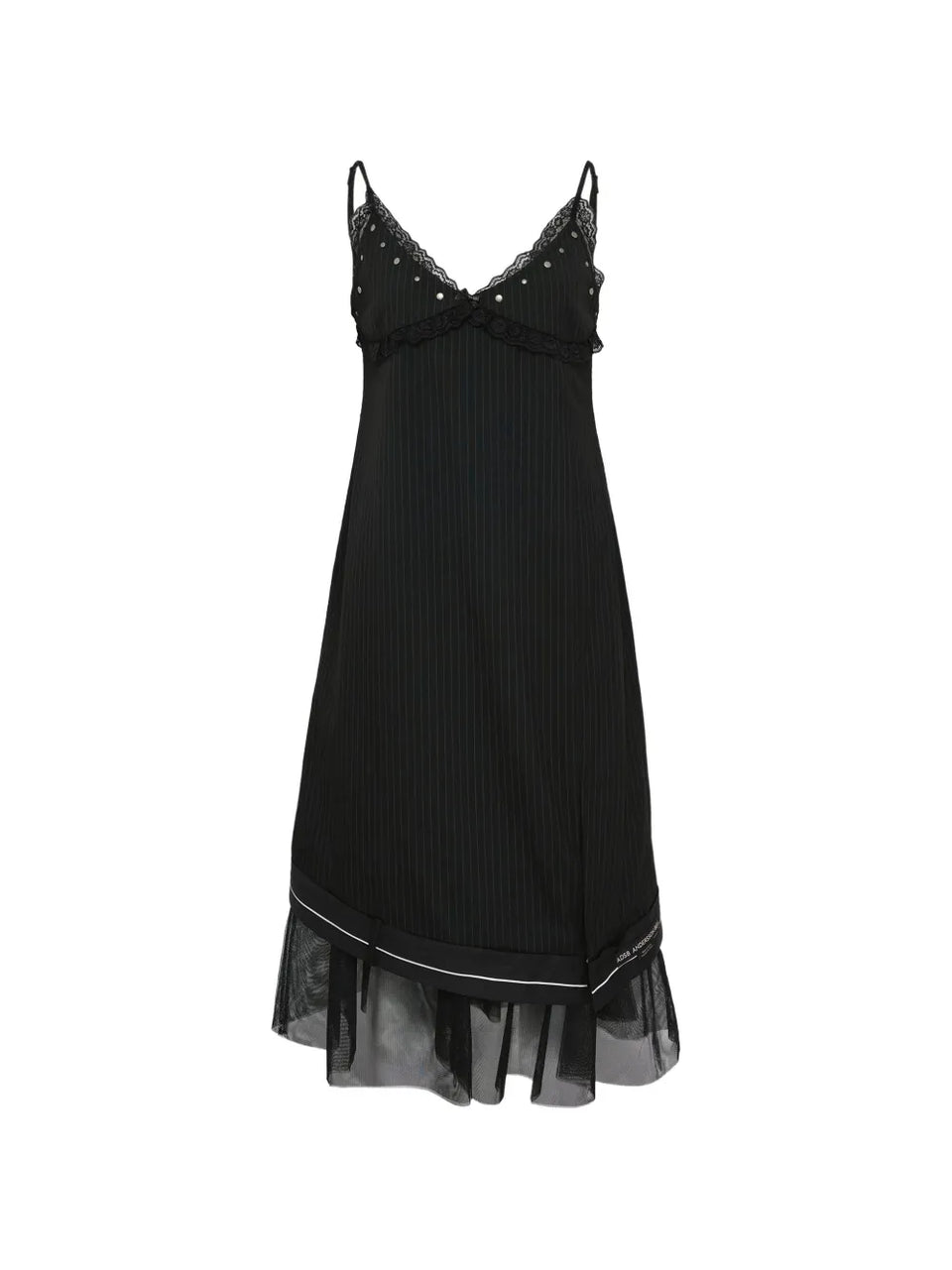 lace-detail pinstripe midi dress