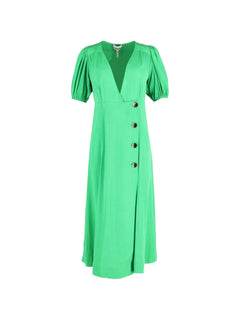 puffed-sleeve V-neck midi dress