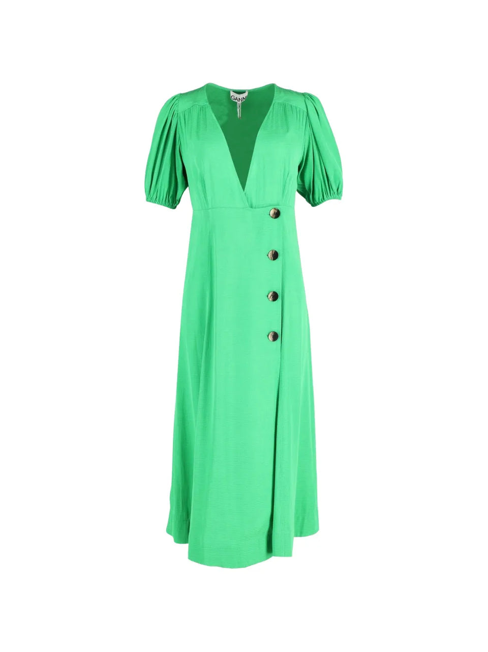 puffed-sleeve V-neck midi dress