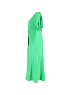 puffed-sleeve V-neck midi dress