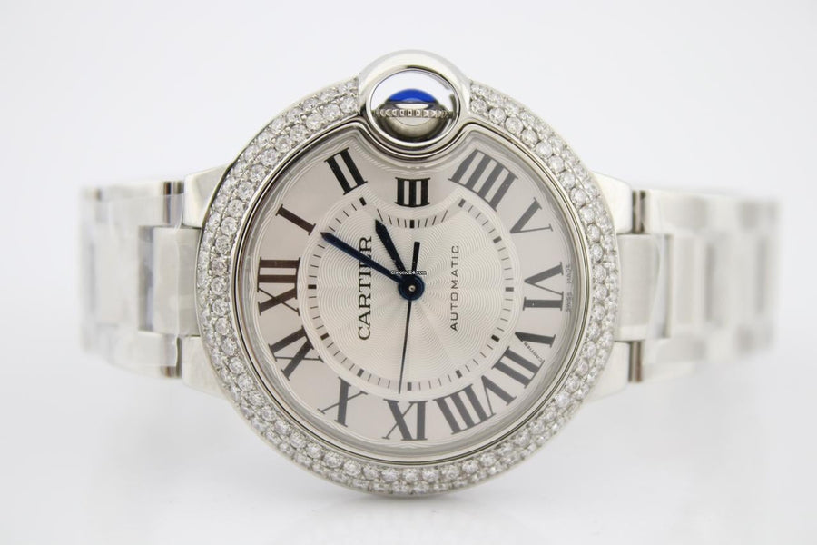 Cartier Ballon Bleu 33mm Stainless Steel Diamond Encrusted Watch WSBB0044
