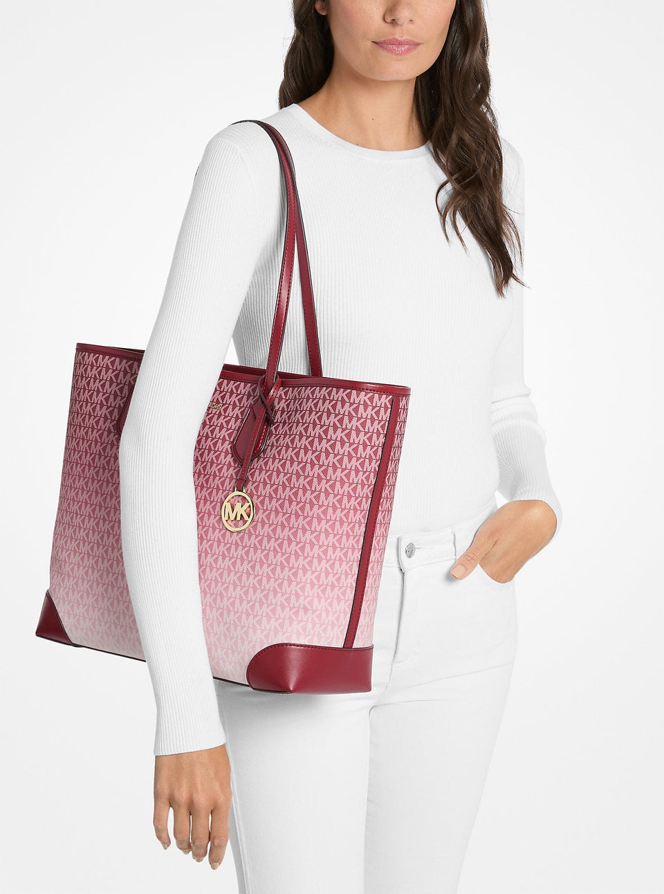 Michael Kors Eva Large Ombre Signature Logo Tote Bag Cherry