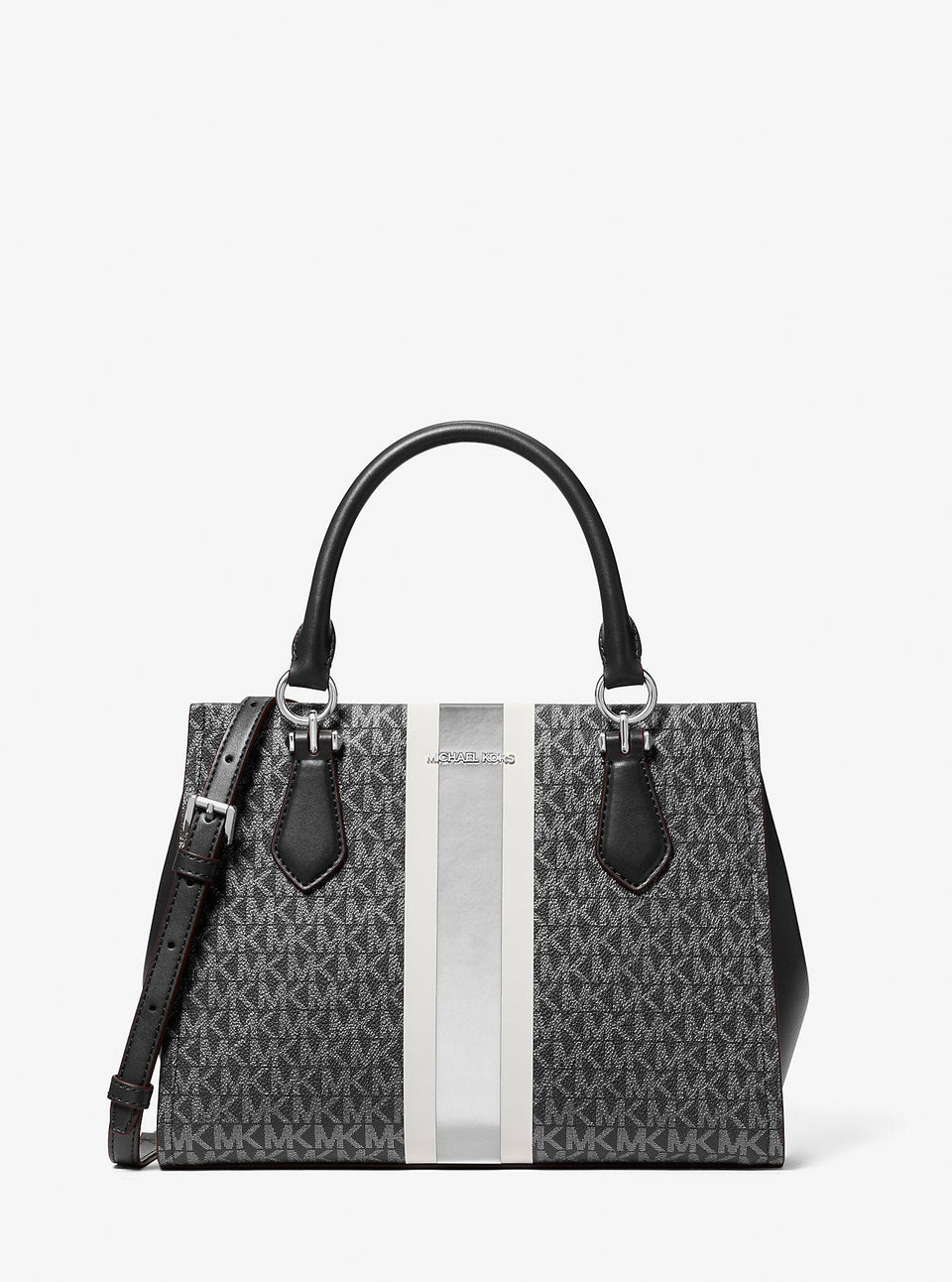 Michael Kors Marilyn Medium Signature Logo Stripe Satchel Black