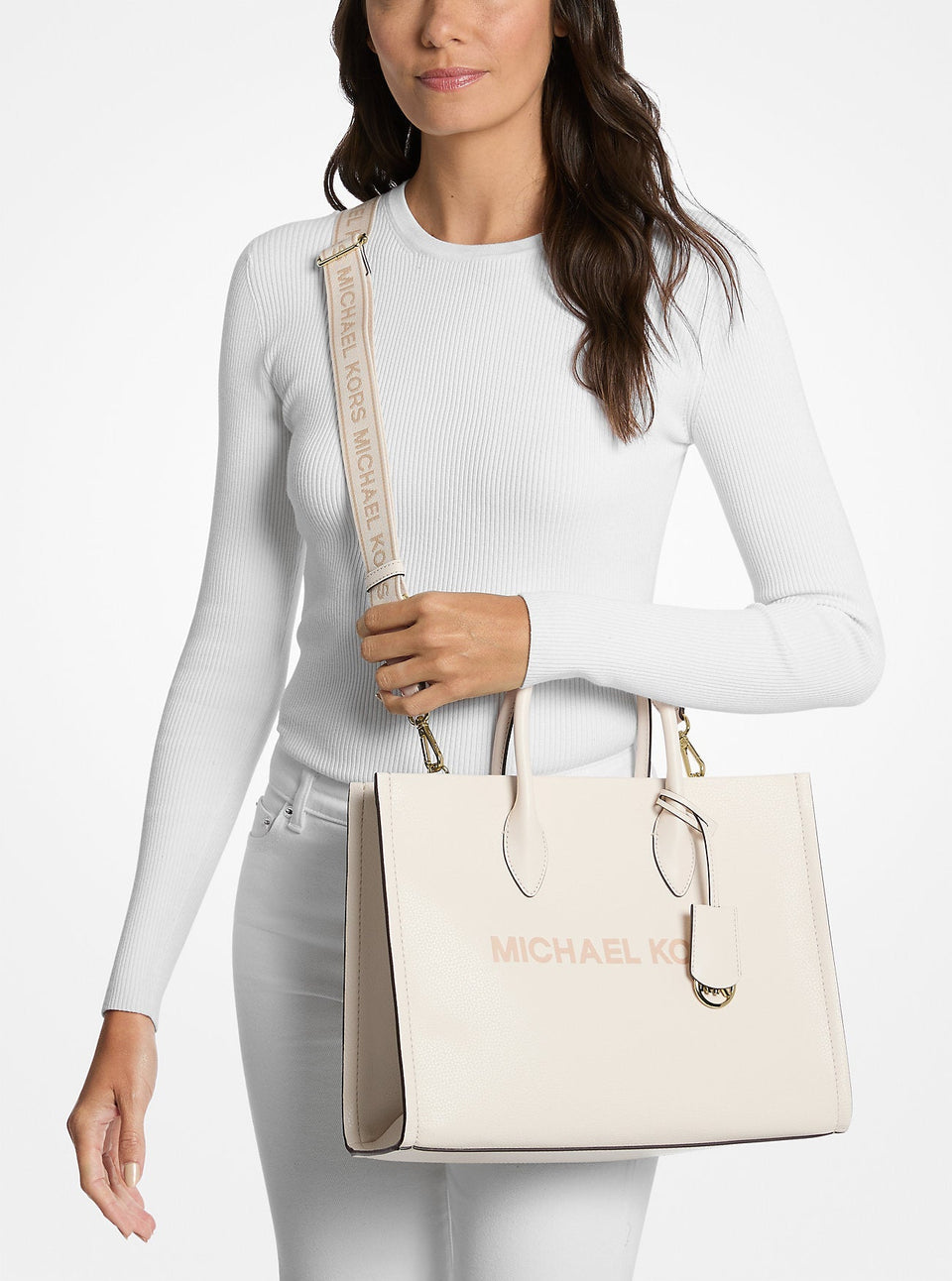 Michael Kors Mirella Medium Pebbled Leather Tote Bag Lt Cream