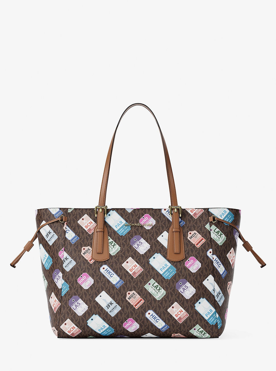 Michael Kors Voyager Large Printed Signature Logo Tote Bag Brown