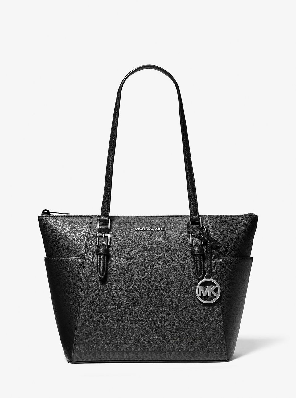 Michael Kors Charlotte Large Logo and Leather Top-Zip Tote Bag Black