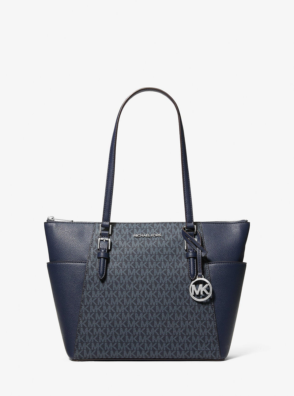 Michael Kors Charlotte Large Logo and Leather Top-Zip Tote Bag Admiral