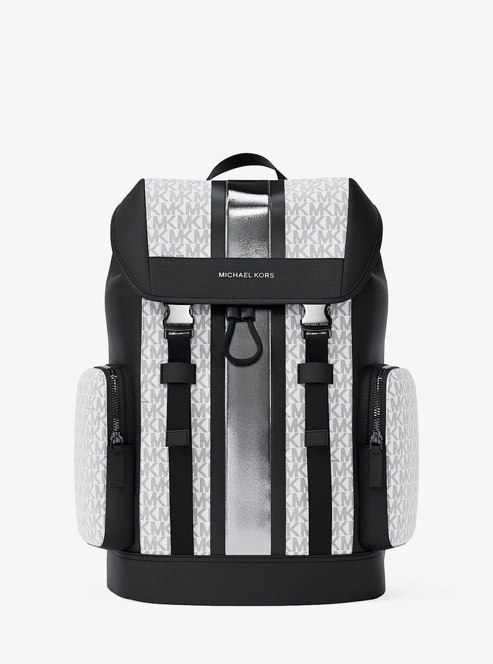 Michael Kors Cooper Metallic Striped Signature Logo Backpack Silver