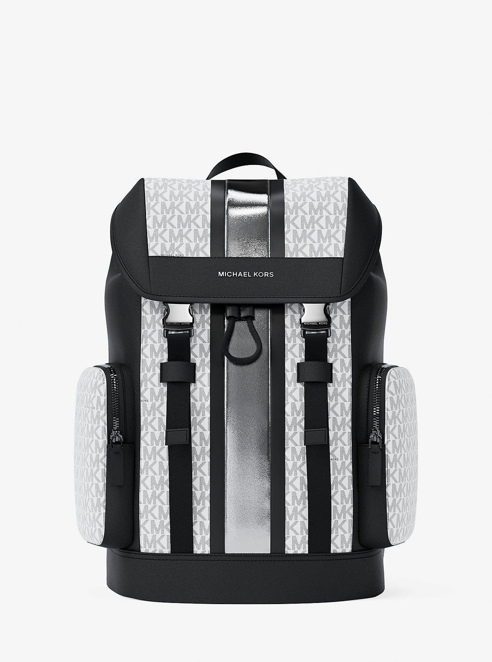 Michael Kors Cooper Metallic Striped Signature Logo Backpack Silver