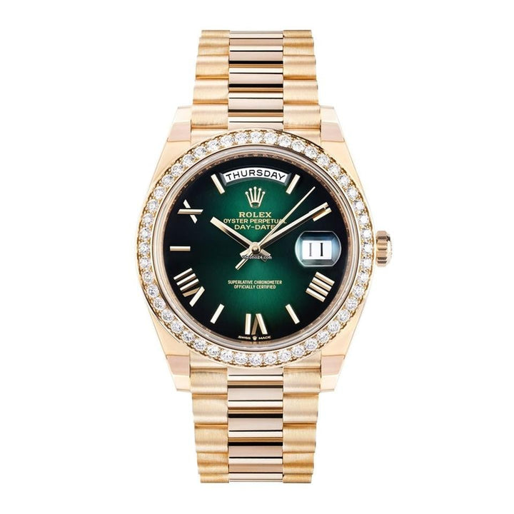 Rolex | Day-Date | 228348RBR | Yellow gold | 40 mm | Yellow gold | Green | Automatic
