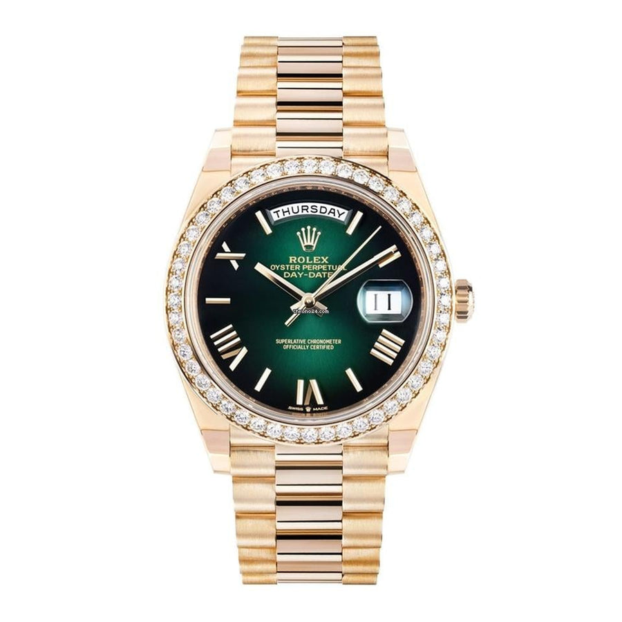 Rolex | Day-Date | 228348RBR | Yellow gold | 40 mm | Yellow gold | Green | Automatic
