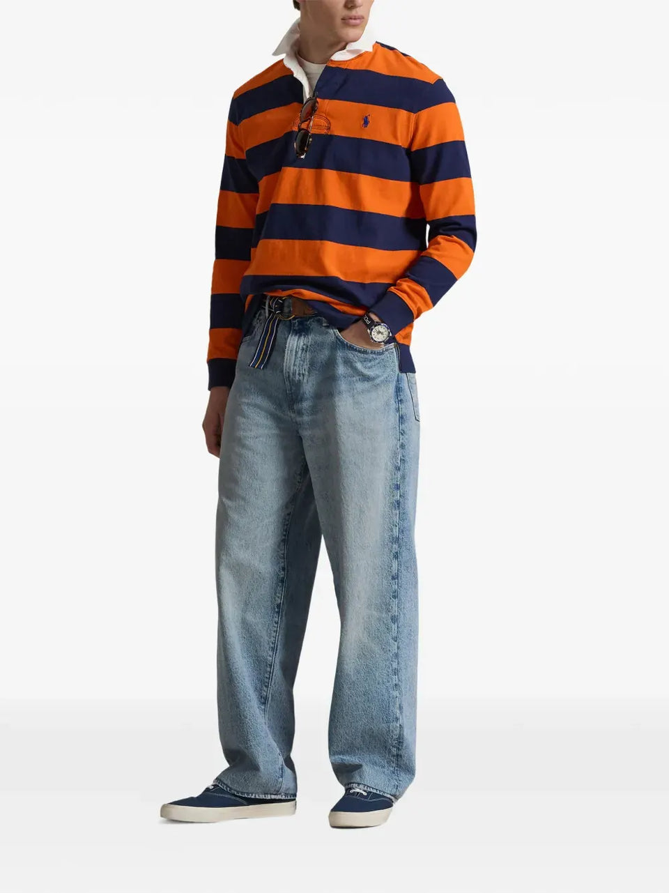 point-collar striped polo shirt