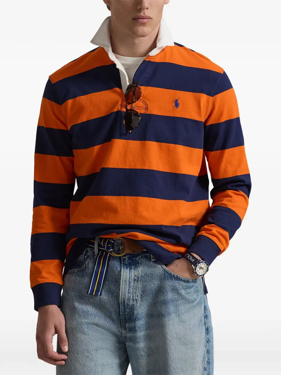 point-collar striped polo shirt
