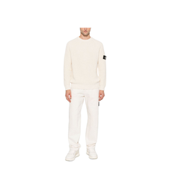 Beige Ribbed Knit Crew Neck Long Sleeves Compass Badge Cotton