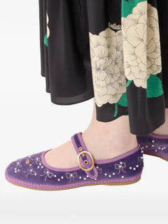 Mary-Jane endouce velvet ballerina with bow embroidery
