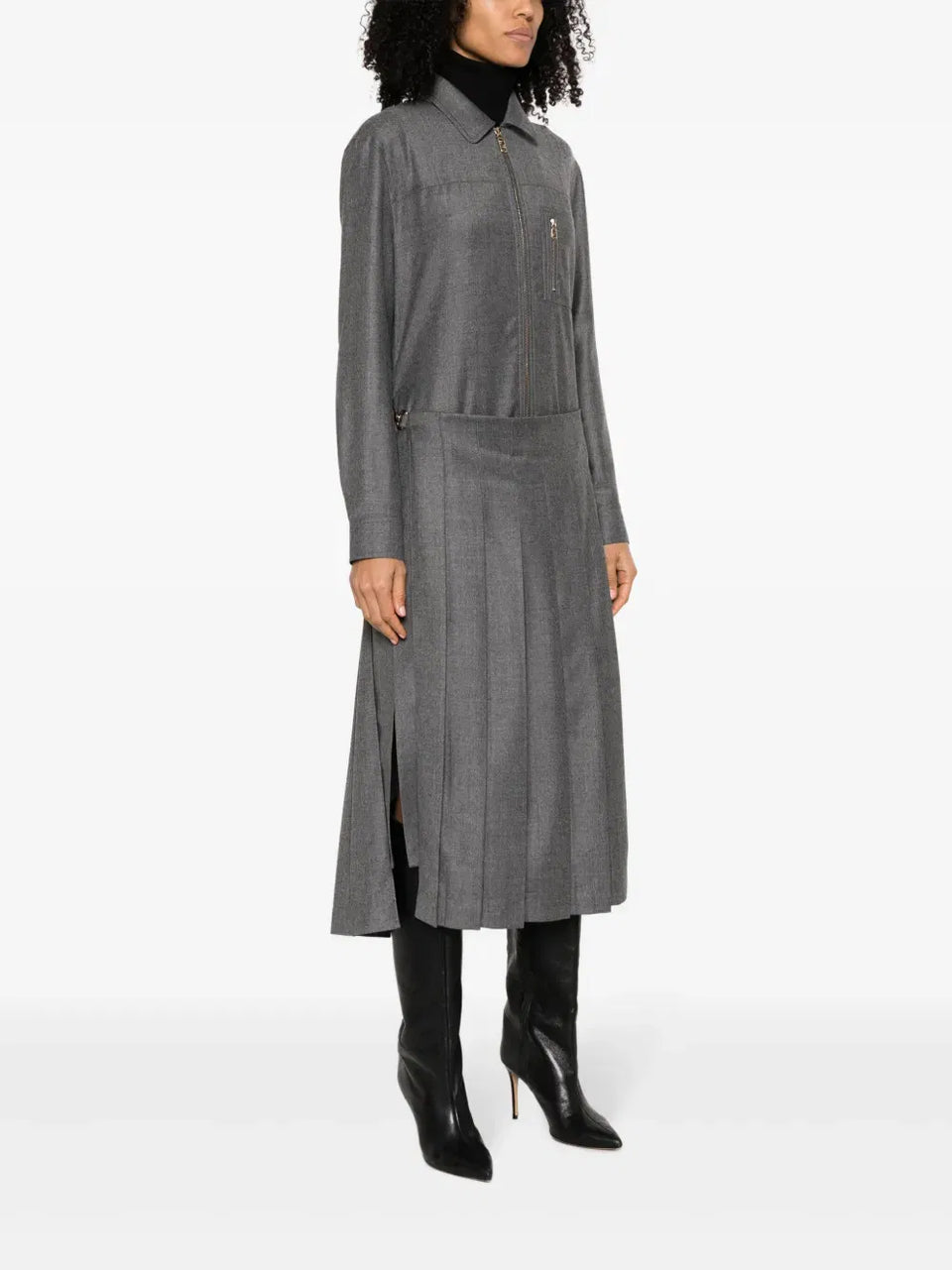 spread-collar pleated midi dress