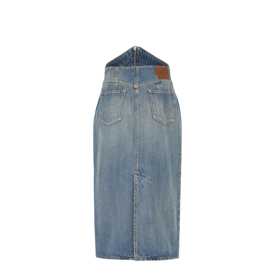 Fold Over Waist Denim Skirt Stone Washed