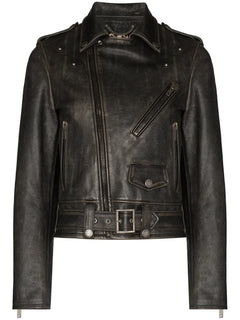 distressed-effect leather biker jacket