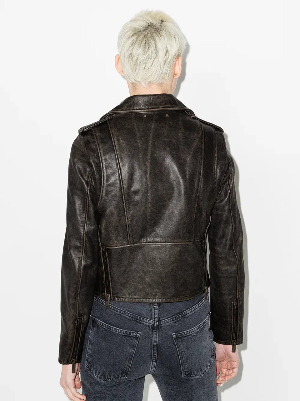 distressed-effect leather biker jacket