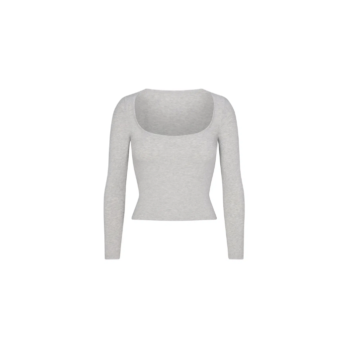 Skims Cotton Jersey Scoop Neck Long Sleeve Light Heather Grey