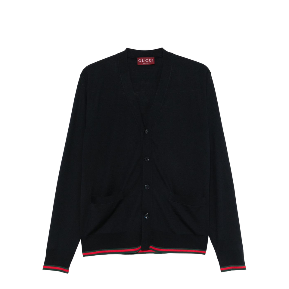 Wool Knit Cardigan with Web in Dark Blue