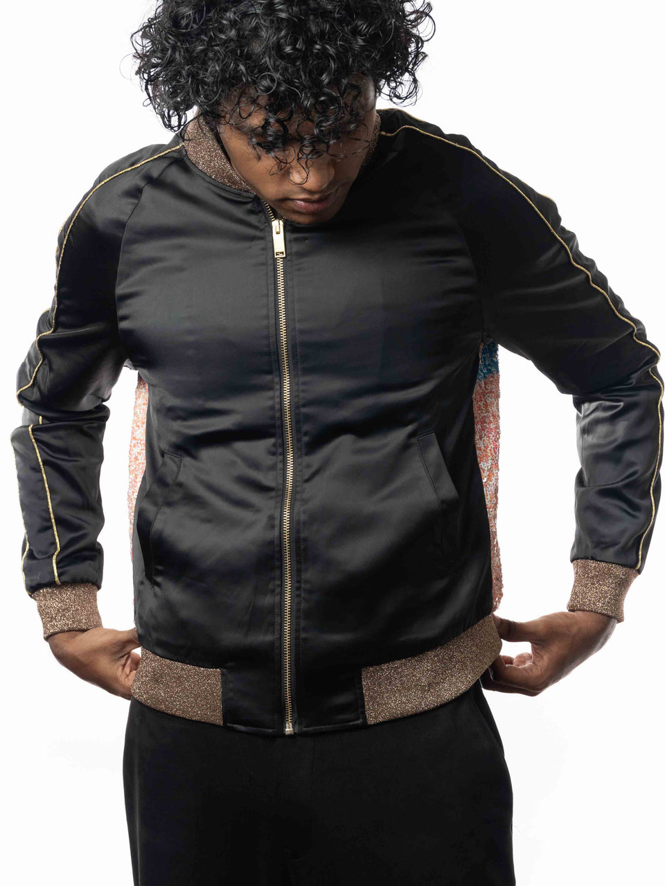 Yves Saint Laurent Black Sequins Baby Bomber Jacket (M)