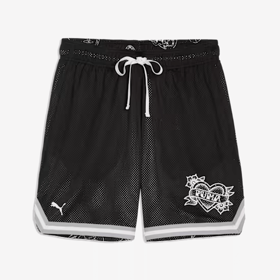 PUMA SWISH N' INK ABOVE-KNEE 7" BASKETBALL SHORTS { BLACK-AOP