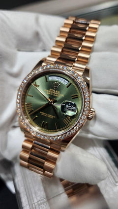 Rolex | Day-Date | 128345RBR | Rose gold | 36 mm | Rose gold | Green | Automatic