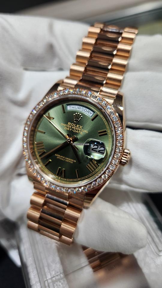 Rolex | Day-Date | 128345RBR | Rose gold | 36 mm | Rose gold | Green | Automatic