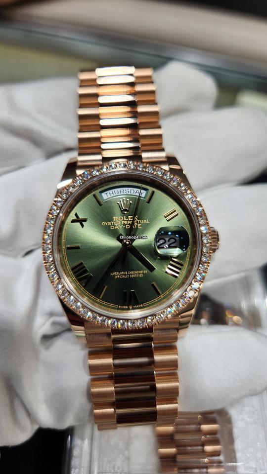 Rolex | Day-Date | 128345RBR | Rose gold | 36 mm | Rose gold | Green | Automatic