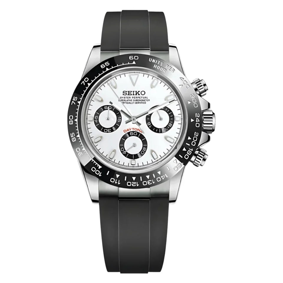 Seiko MOD Daytona Lunette céramique cadran Blanc "PANDA" Oyster Flex