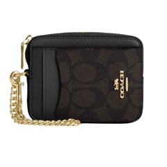 Coach Zip Card Case In Signature Canvas Gold Walnut Black