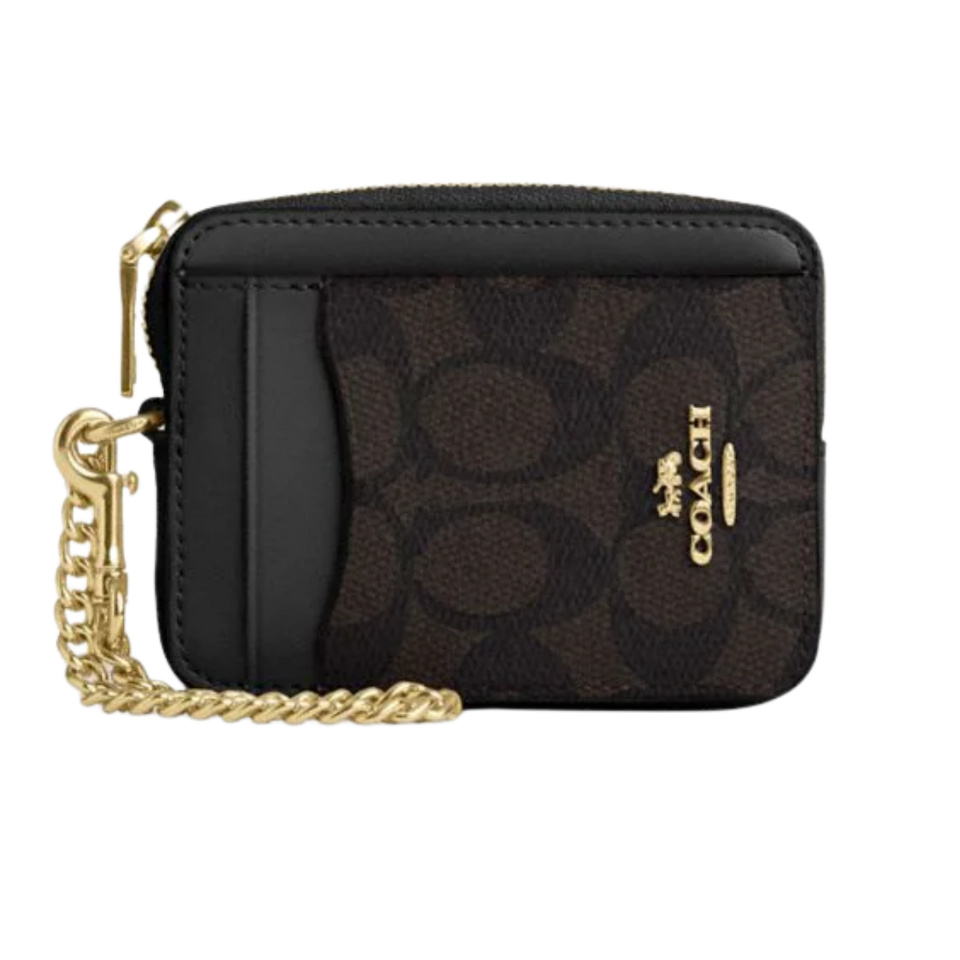 Coach Zip Card Case In Signature Canvas Gold Walnut Black