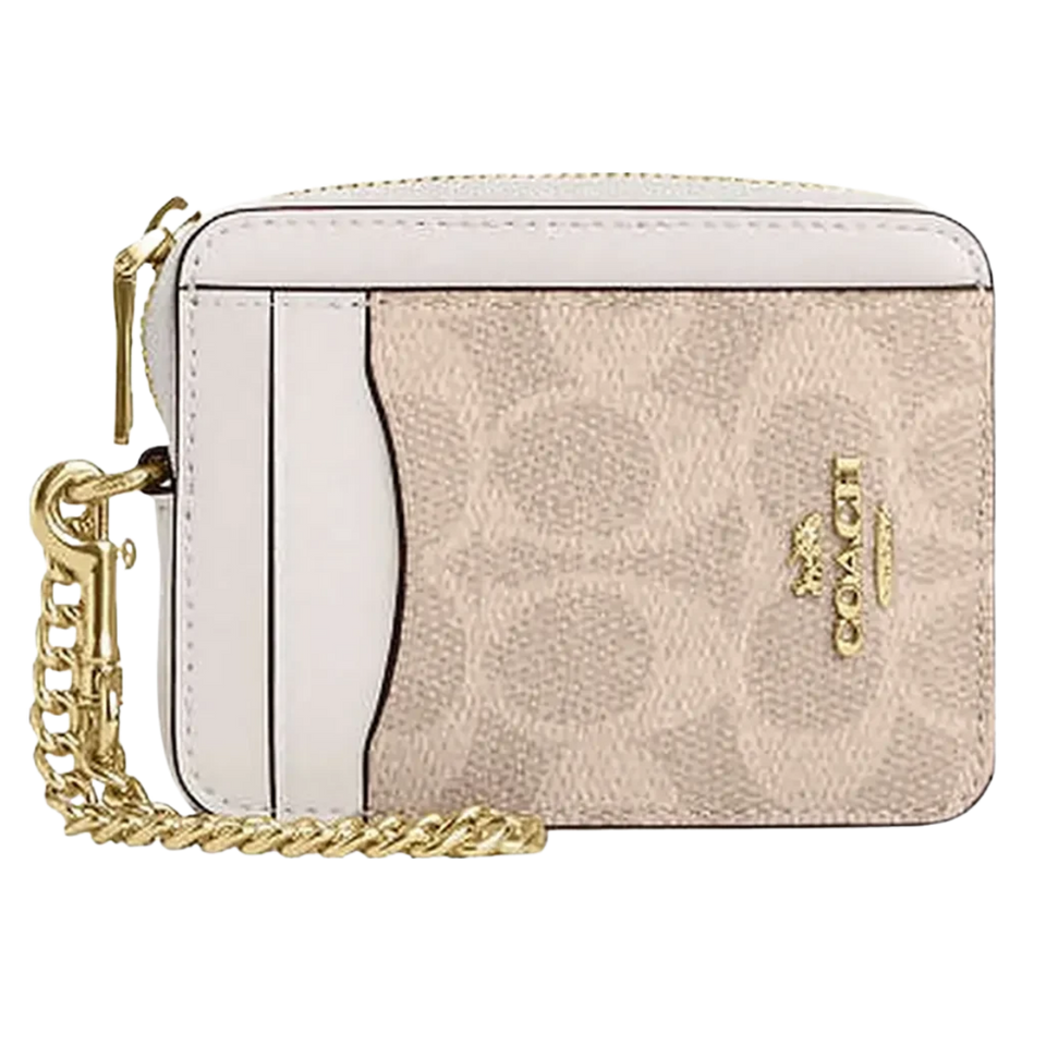 Coach Zip Card Case In Signature Canvas Signature Canvas-Gold-Sand-Chalk