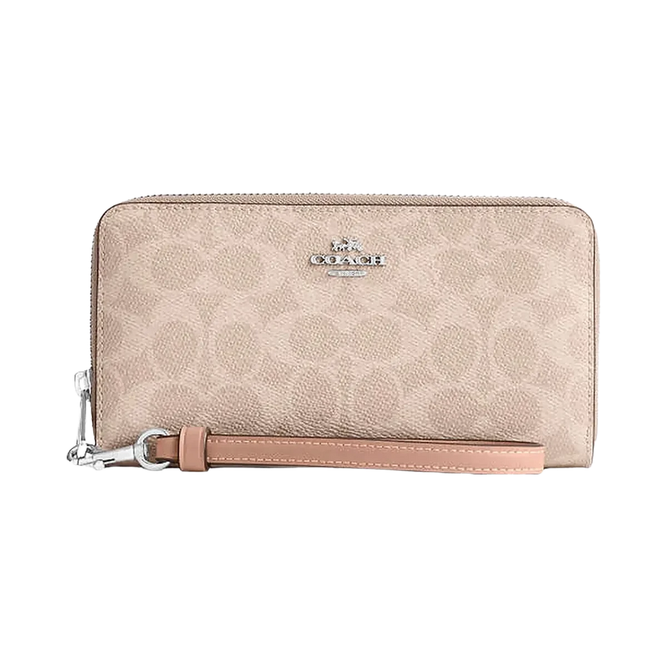 Coach Long Zip Around Wallet In Signature Canvas Signature Canvas-Silver-Sand-Taupe