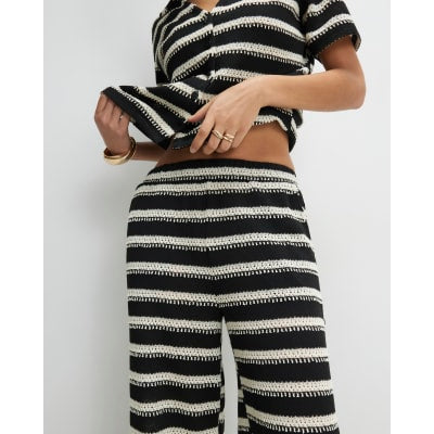 Black Striped Crochet Wide Leg Trousers