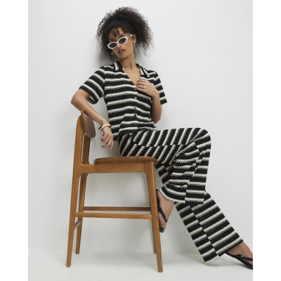 Black Striped Crochet Wide Leg Trousers