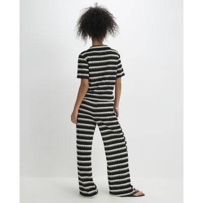Black Striped Crochet Wide Leg Trousers