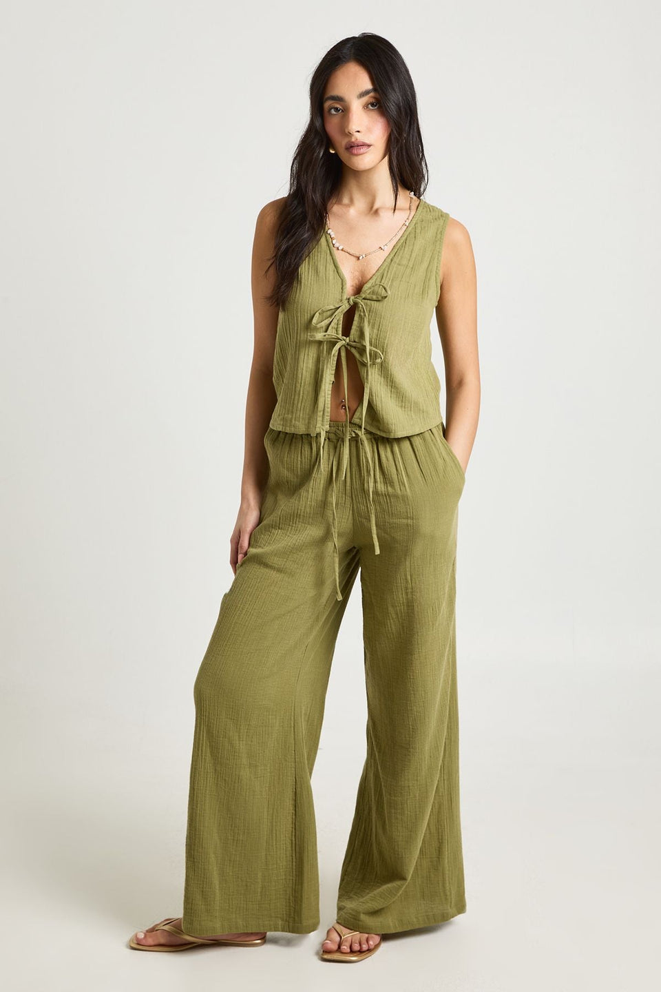 Cheesecloth Elasticated Waist Wide Leg Trousers
