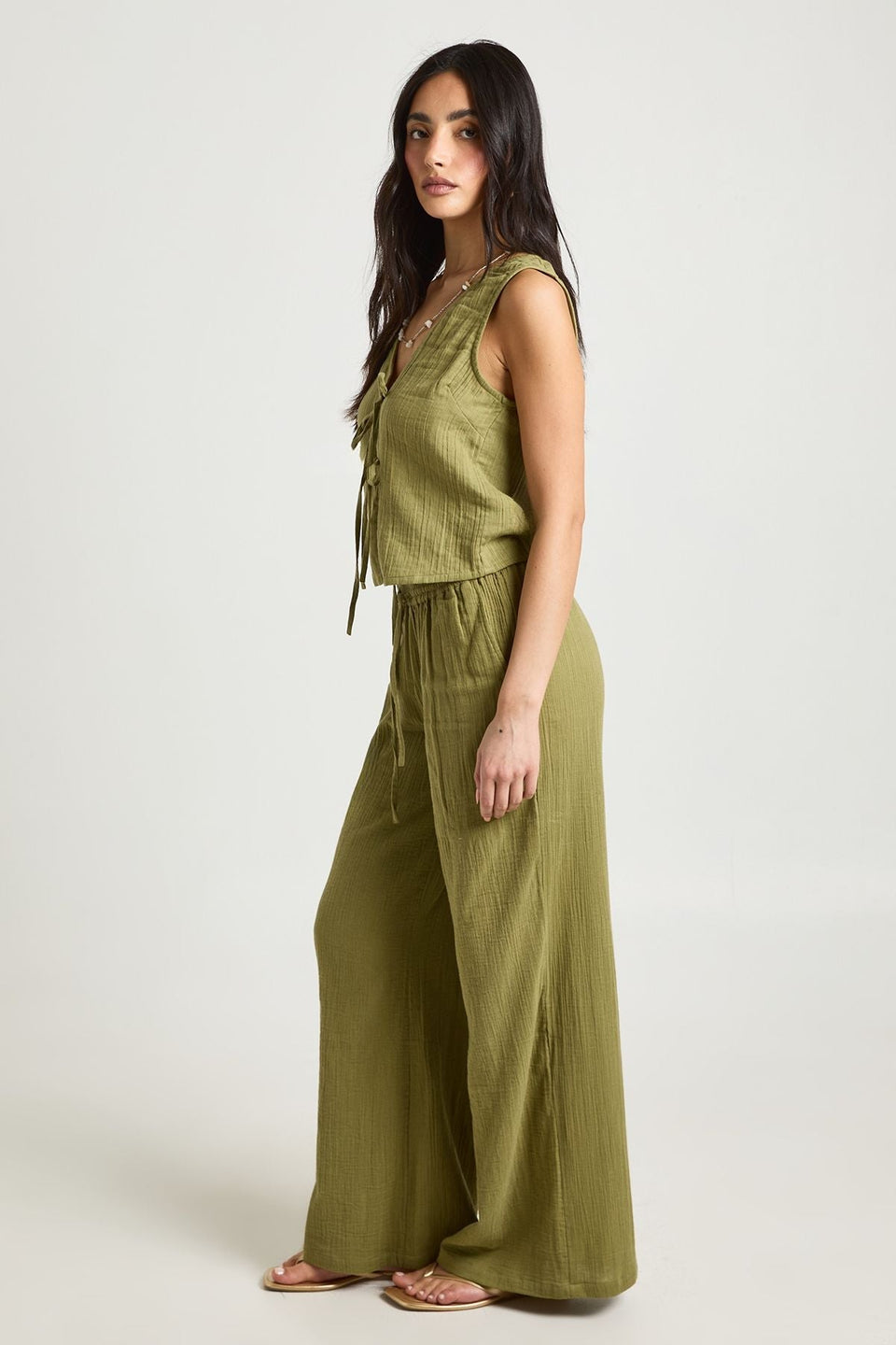 Cheesecloth Elasticated Waist Wide Leg Trousers