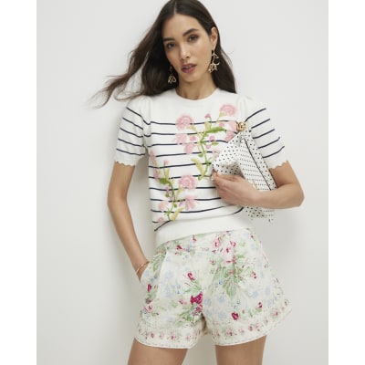White Floral Printed Shorts