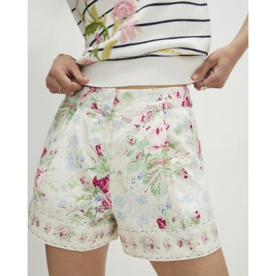 White Floral Printed Shorts