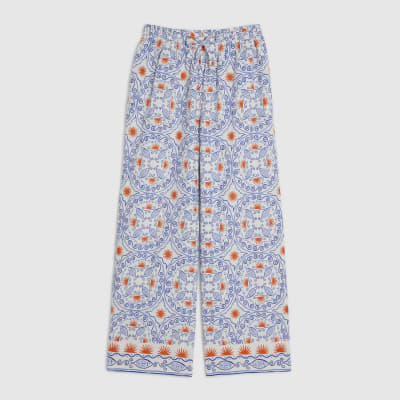 Petite Blue Printed Linen Blend Trousers