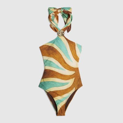 Brown Halter Neck Swirl Swimsuit