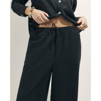 Black Linen Blend Wide Leg Trousers