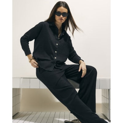 Black Linen Blend Wide Leg Trousers
