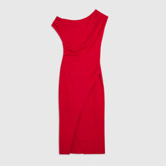 Red Stretch Draped Midi Dress