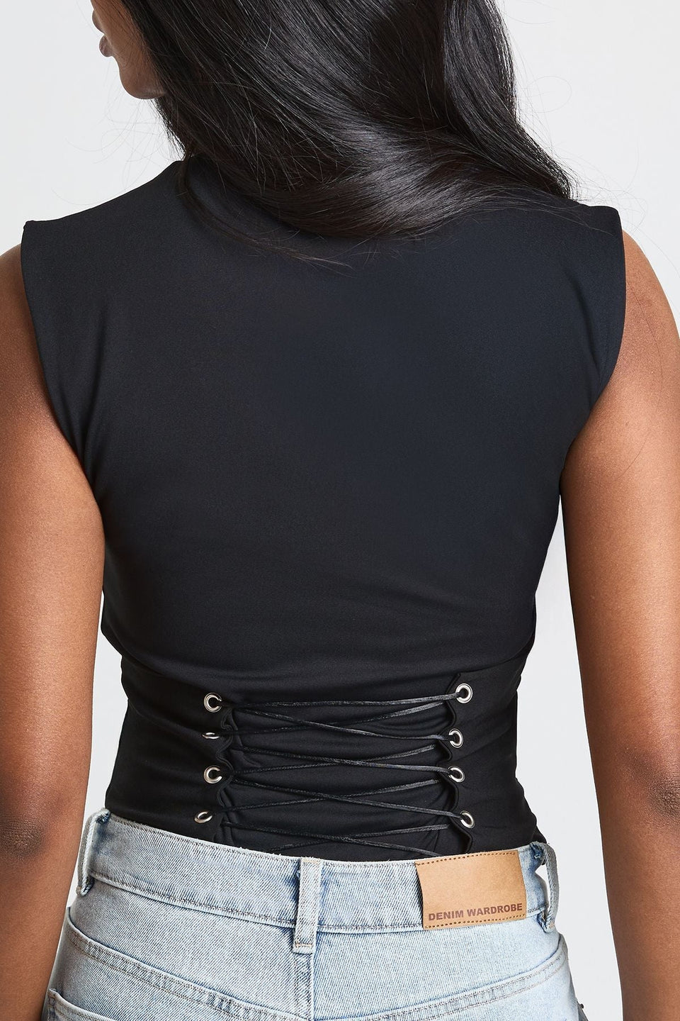 Bengaline Grown On Neck Lace Up Back Corset Detail Bodysuit